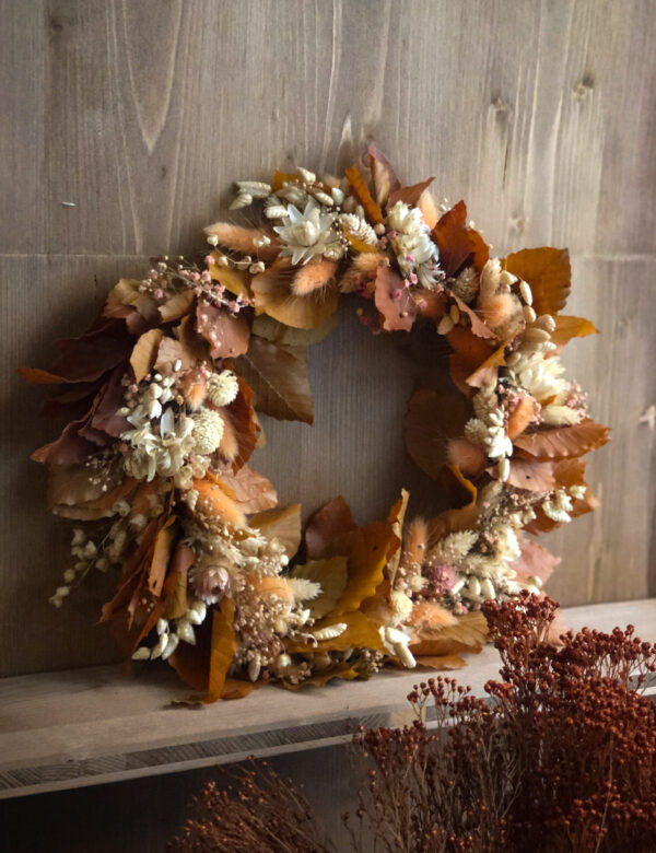 couronne de fleurs séchées ocre hêtre chêne toulouse fleuriste